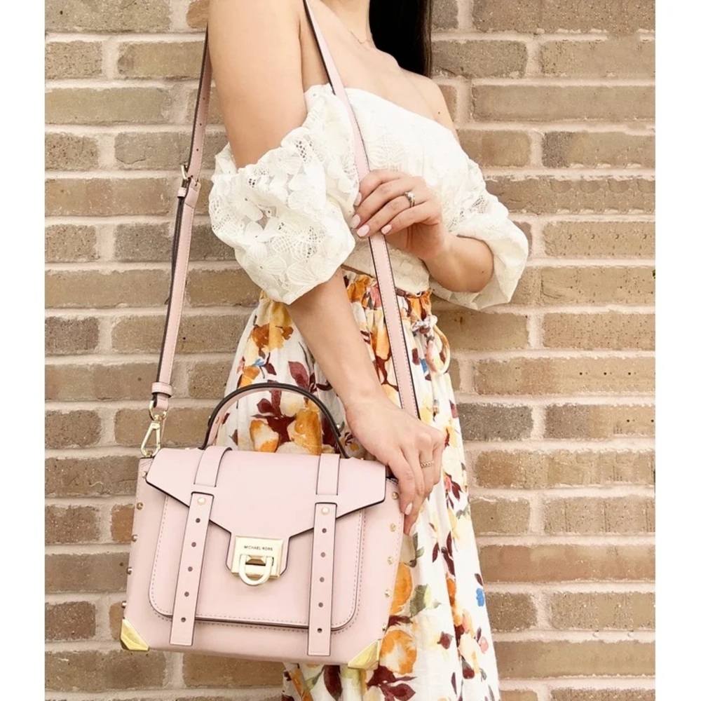 Michael Kors Manhattan Medium Leather and Logo  crossbody Powder Blush - Picture 16 of 16